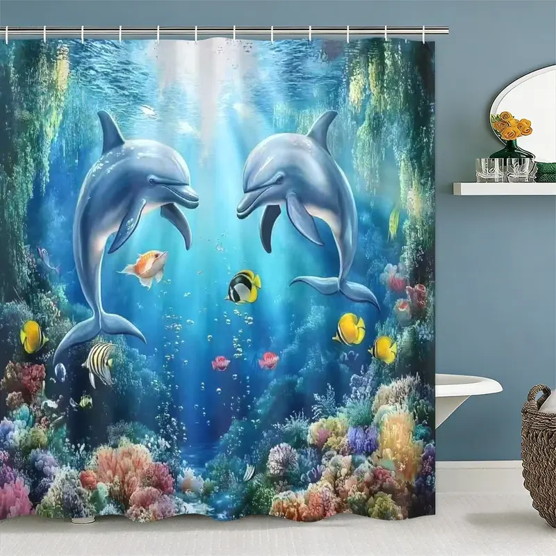 Dolphin Pattern Bathroom Decorations, 1 Set Including & Toilet U-shape Mat & Bath Mat & Toilet Lid Cover, Bathroom Accessories for Home Decor, Shower Curtain Sets, Bathroom Decor And Accessories
