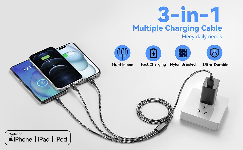 3 in 1 Multiple Charging Cable(2Pack 4Ft), Braided Multi Charger Cord USB C Charging Cable Universal USB Cable with Type C/Micro USB Port for Cell Phones, iPhone 17 16 15 14 13 Series, Tablets, More : Electronics