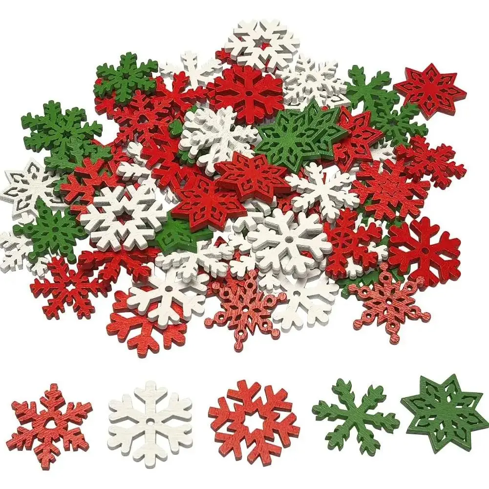 100pcs Assorted Colors Wooden Snowflake Buttons - Mix-Style for Sewing and Crafts, Clothing Decor, Creative Projects (White, Red, Green)