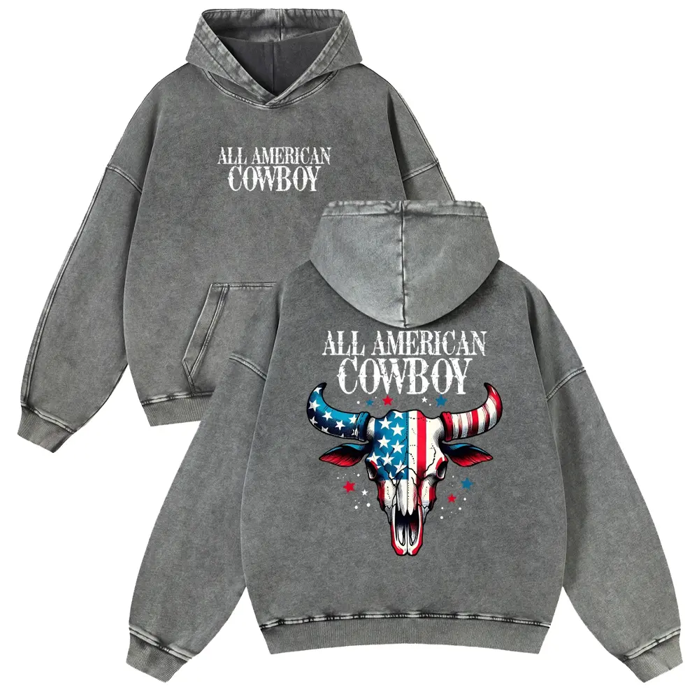 Unisex Patriotic American Flag Bull Skull Graphic Hoodie - Premium Heavyweight Charcoal Mineral Wash Cotton Sweatshirt, Western Aesthetic Country Rodeo Pull-over, Casual Spring XXL Men's Top, Jeans, Regular, Machine Washable, Tops, Thick, Oversize