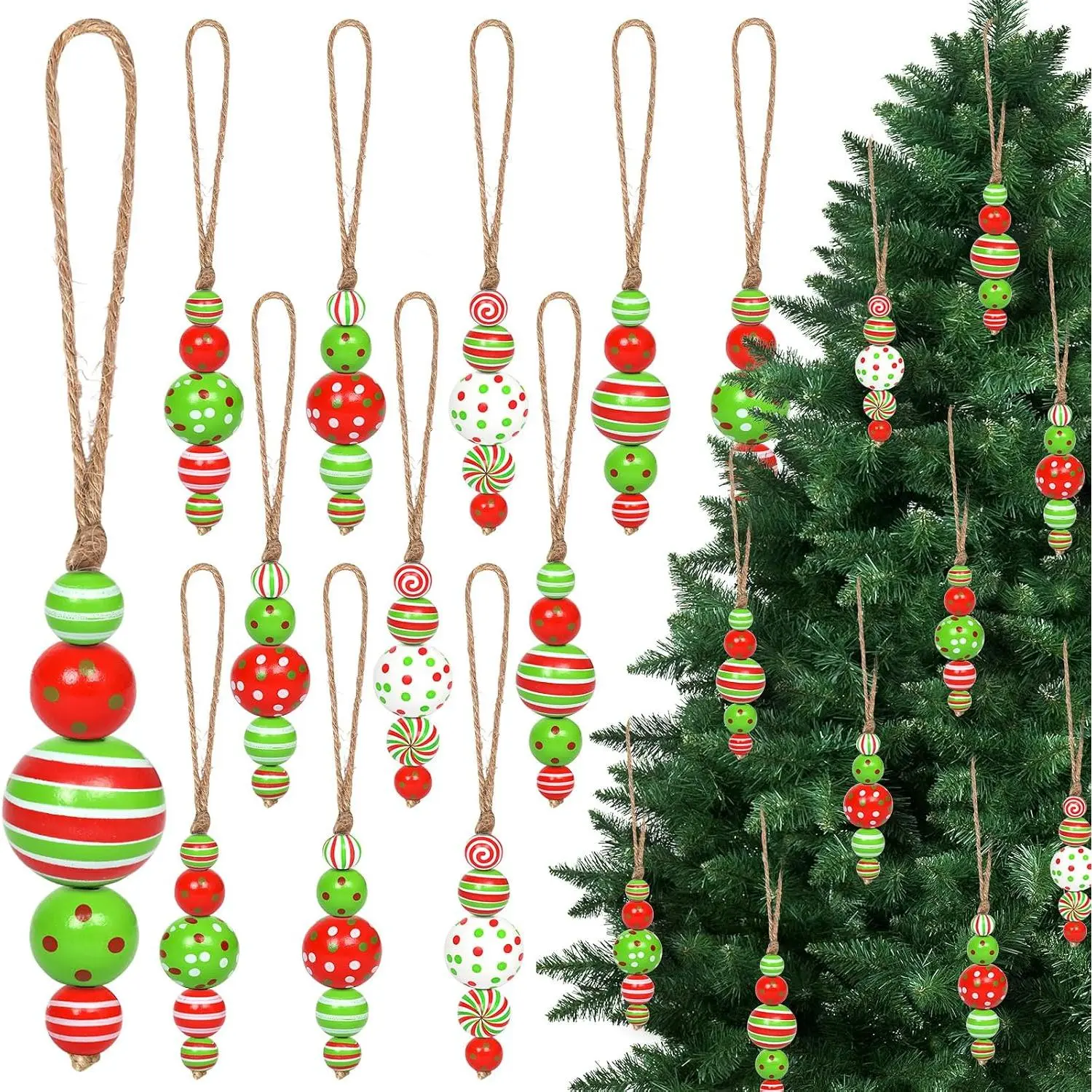 16 Sets Swirl Candy Cane Christmas Tree Ornaments Candy Cane  Balls Wooden Beads Red Green White Candy Craft Beads Peppermint  Decorations for Christmas Tree Xmas  Holiday Festival Decor