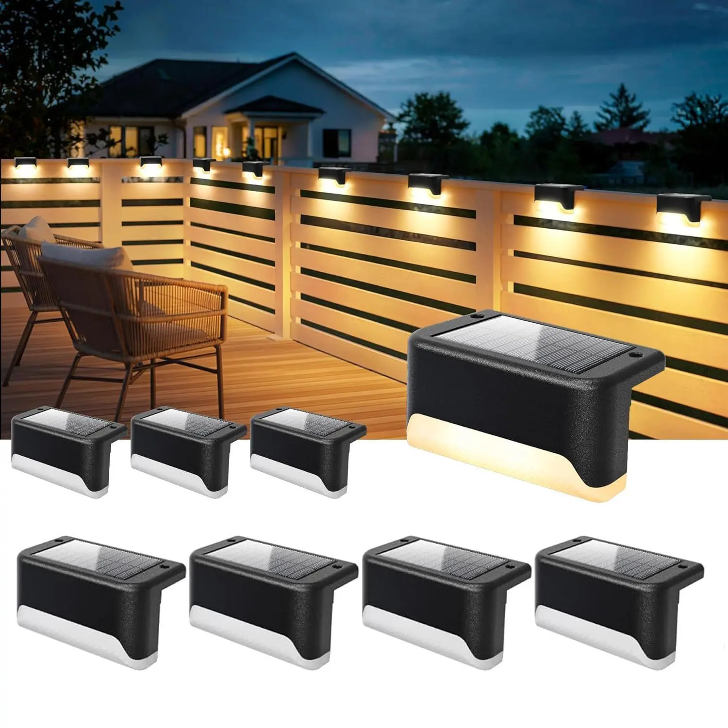 8-Pack Rectangular ABS Plastic Solar Color-Changing Outdoor Lights - Waterproof Classic Everyday Use Deck & Step Accessories for Stairs, Fence, Yard Warm Ambiance Decor