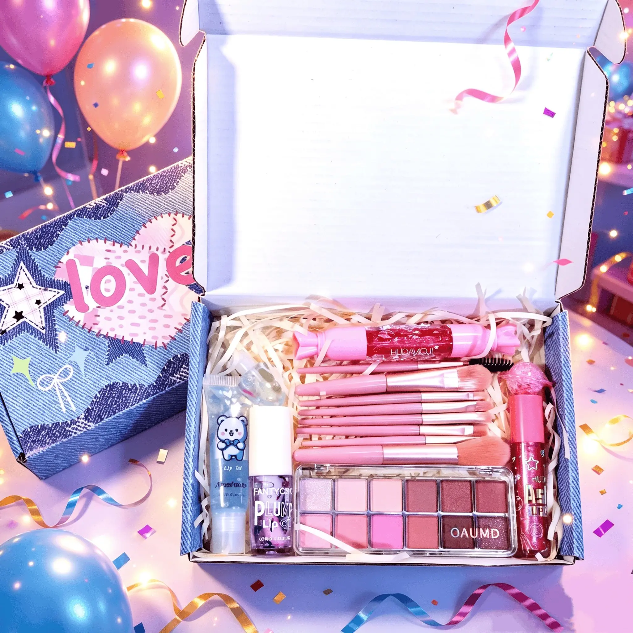 Stars Love Makeup Gift Set, Mini Brush Kit & 12 Shades Eyeshadow, Moisturizing Lip Oil, Dual Tube Lip Gloss, Shimmer Gel, 13pcs, Perfect Birthday Gift