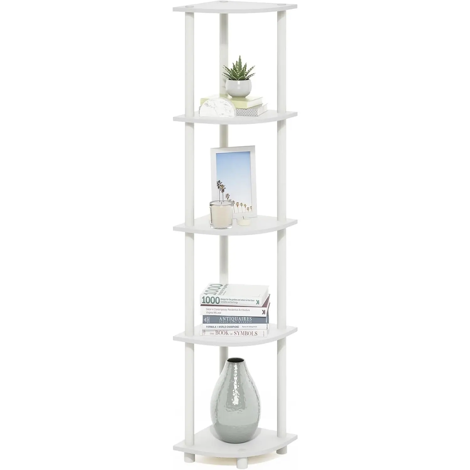 Corner Shelf, 5-Tier Corner Bookshelf, Open Storage Shelves, for Organization and Storage, Living Room, Home Office, Garage, Bedroom, White