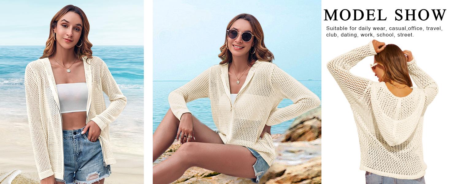 Saodimallsu Women's Crochet Lightweight Cardigan Zip Up Hooded Long Sleeve Knit Sweater Mesh Beach Swim Cover Up for Summer SpringStatements Swimsuit Coverup Saodimallsu Women's Crochet Lightweight Cardigan Zip Up Hooded Long Sleeve Knit Sweater Mesh Beach Swim Cover Up for Summer SpringStatements Swimsuit Coverup