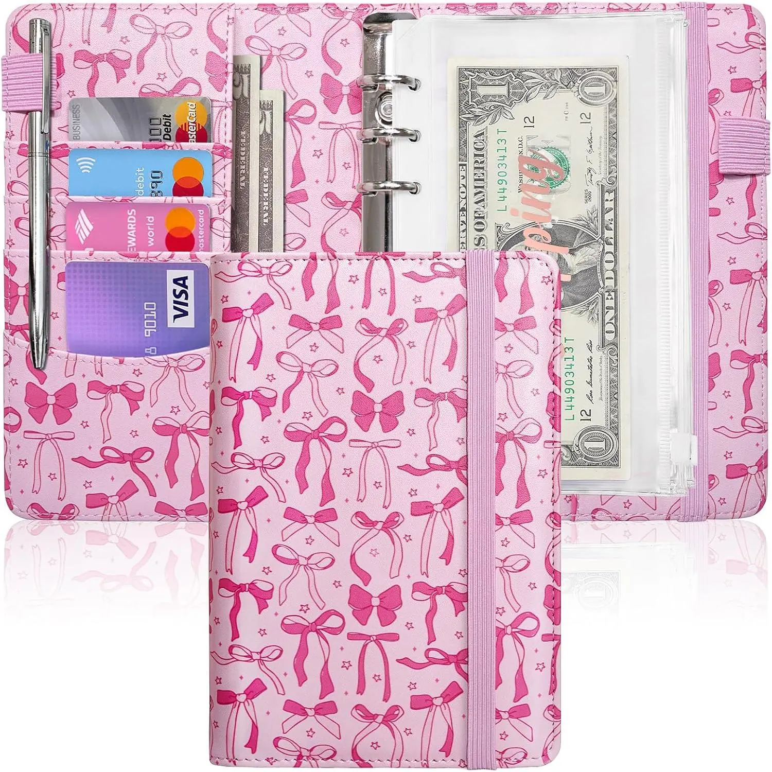 PU Leather A6 Budget Binder Planner with 8 Envelopes, Budget Sheets, Rose Category Stickers & Planner Accessories, Bow-Accented Personal Organizer for Saving