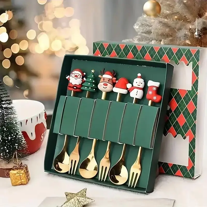 6 Piece Stainless Steel Spoon Set with Cute Cartoon Characters, Perfect for Holiday Parties and Christmas Celebrations, Tableware