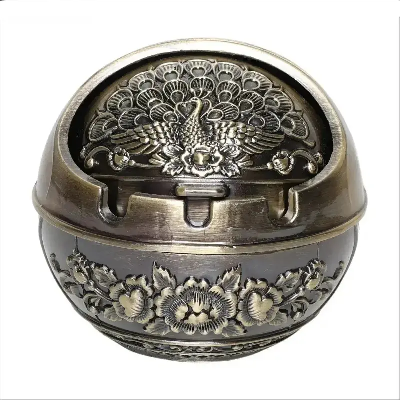 Vintage Metal Peacock Pattern Ashtray Portable Travel Pocket Size Reusable Smokeless Decorative Ash Holder Durable Waterproof Stylish Retro Art Ornament Multifunctional Essentials for Home Office Bar Outdoor Patio Camping Travel Indoor Desktop Table Decor