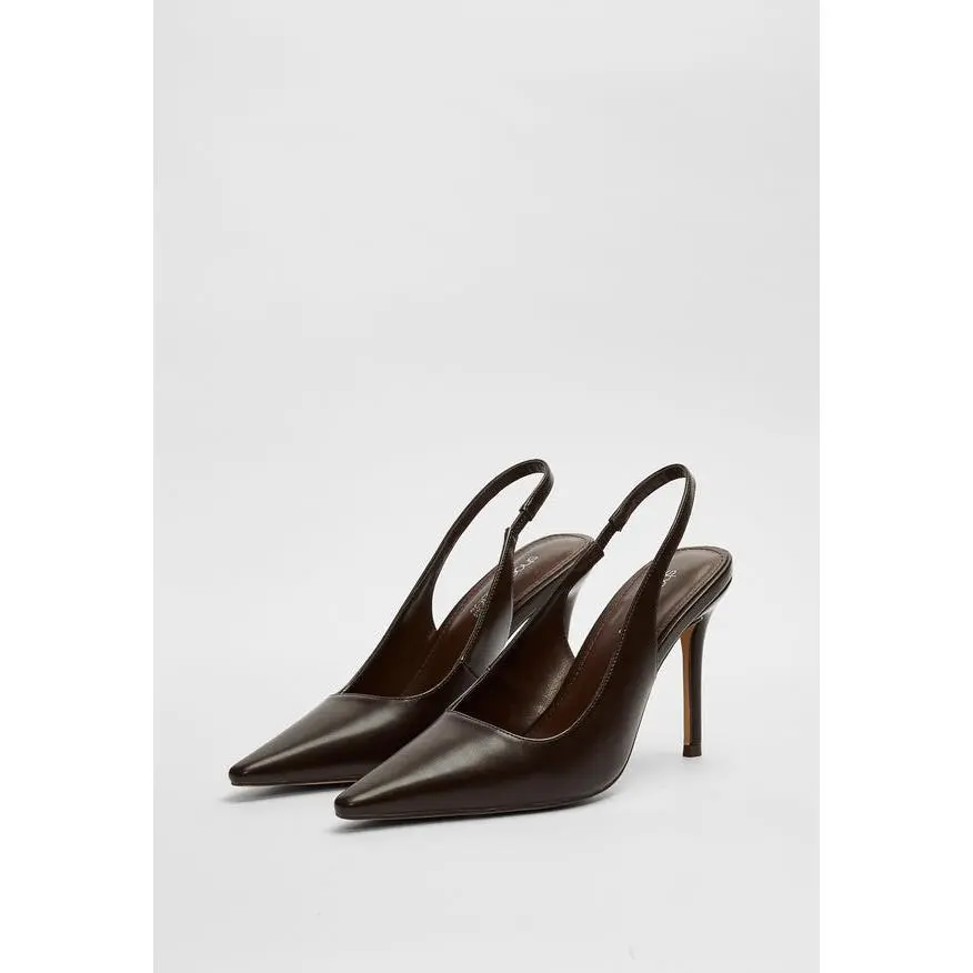 JUST FAB Women's Pointed Toe Slingback Pumps 4" Stiletto High Heels Glossy Faux Leather Slip-On Dress Shoes