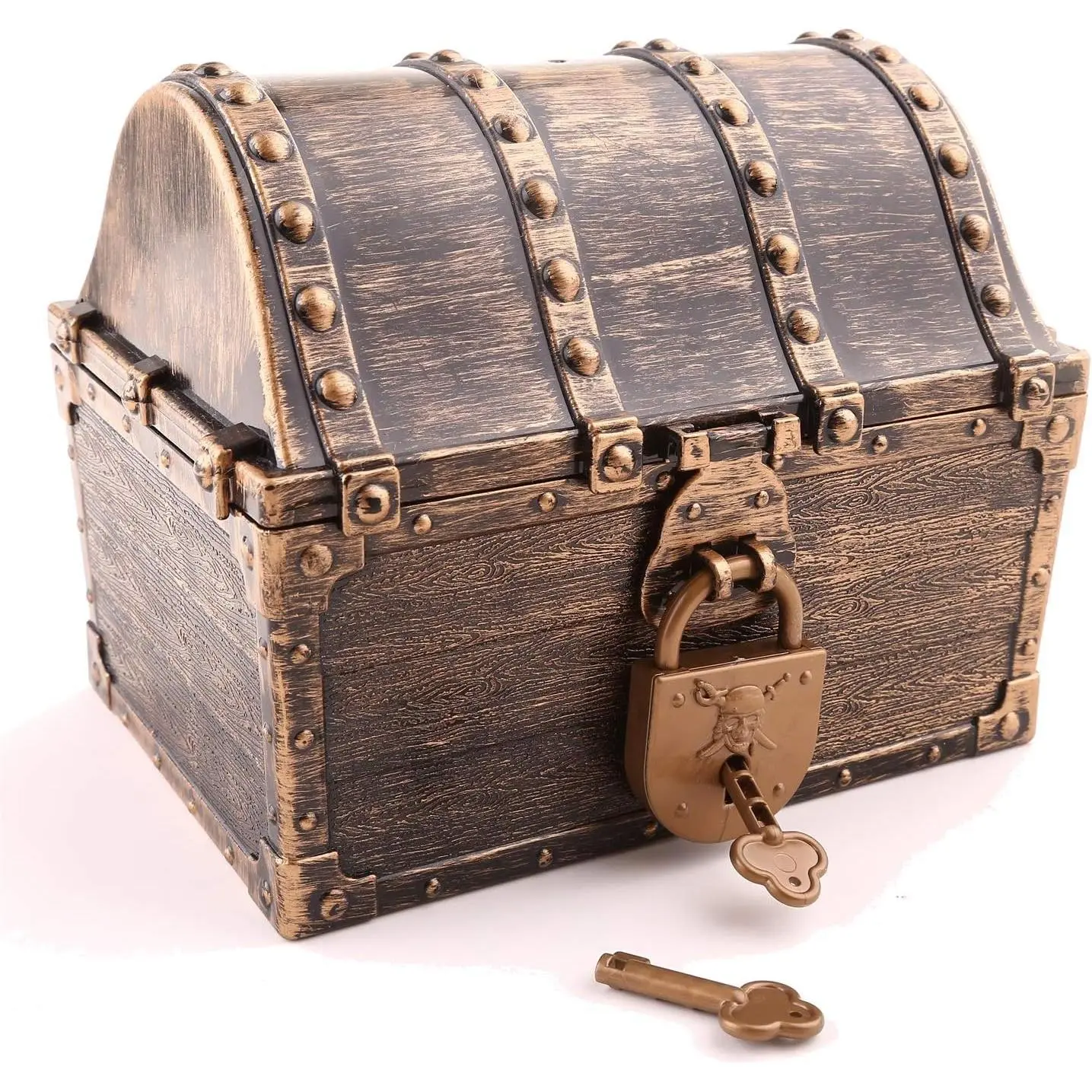 Vintage Bronze Coating Large Kids Pirate Treasure Chest Organiser - Halloween/Christmas Gift, Teacher-Favorite Storage Box with 2 Lock-and-Key Sets, Smooth, 8.7"X6.3"X6.9", Candy