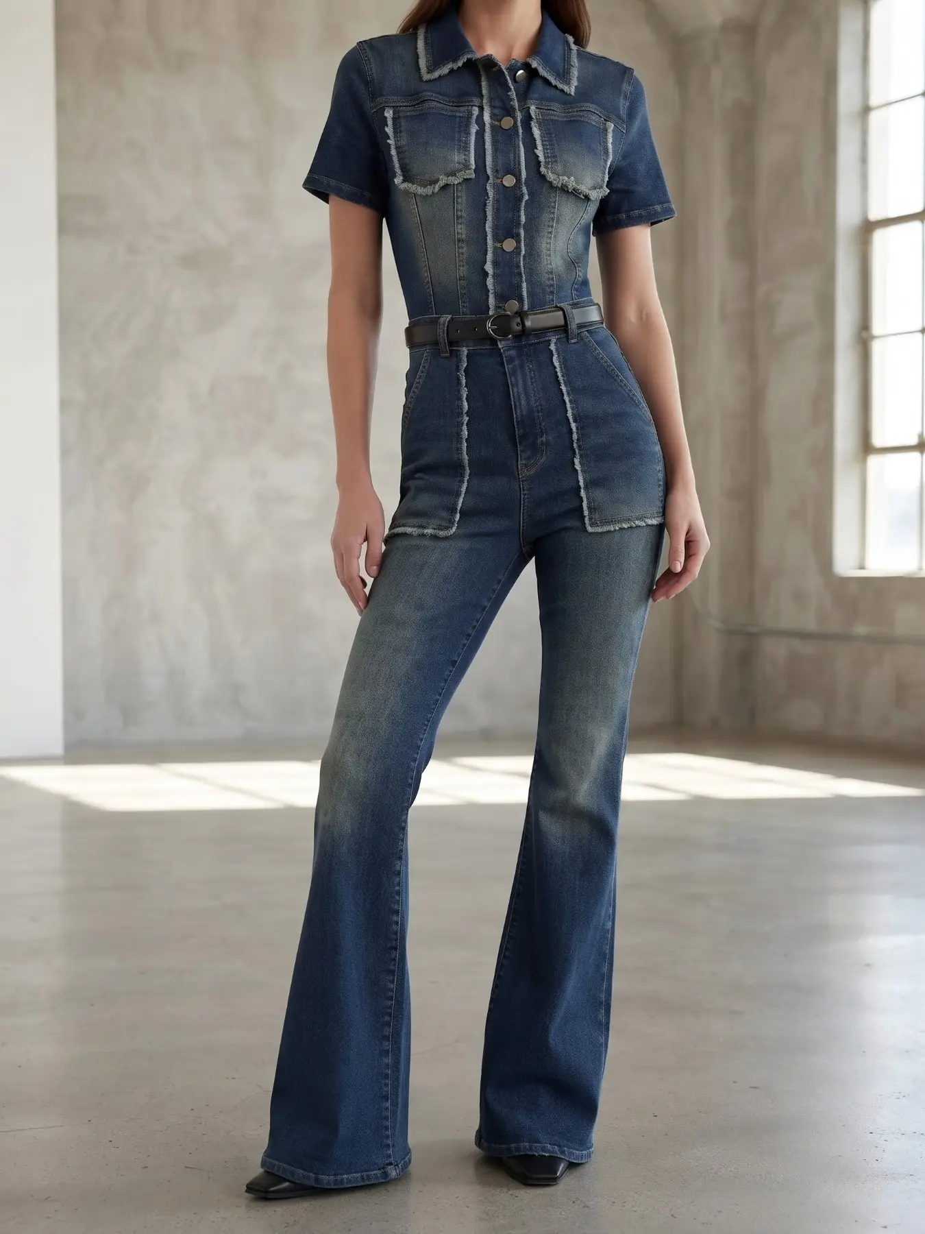 Vintage Y2K Style Frayed Hem Ruffled Denim Jumpsuit, Slim Fit Tight Micro Flare Short Sleeve Denim Overall, Trendy Everyday Fashion Piece