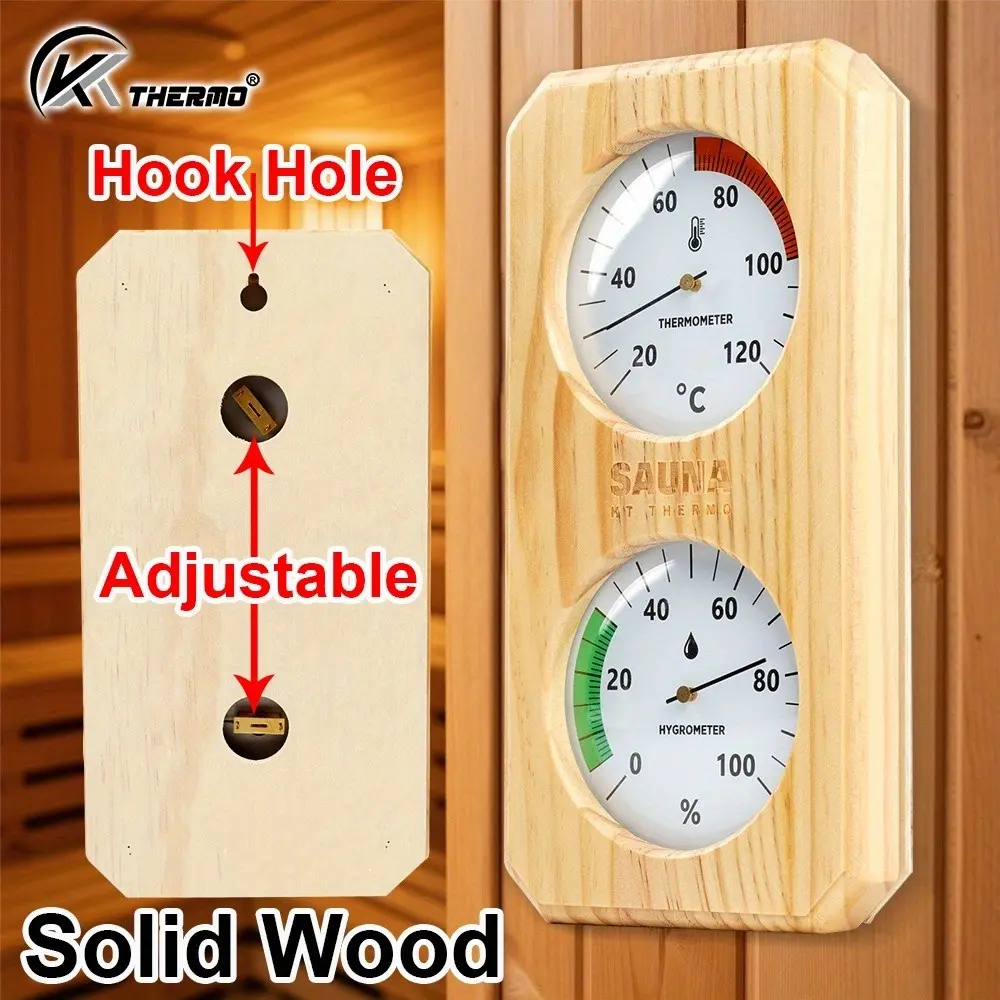 Wooden Sauna Thermometer Hygrometer, Mechanical Battery-Free Design, Large Dial, Pine Wood Frame, Glass Protection, Wall-Mountable