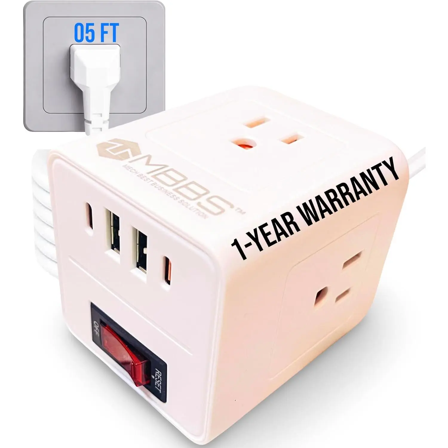 Surge Protector  Power Cube with 3 AC Outlets & 4 USB Ports (2 USB-C), Compact Power Strip with 5 Ft Extension Cord, Space-Saving Design for , Office & Travel, White (5 Ft)