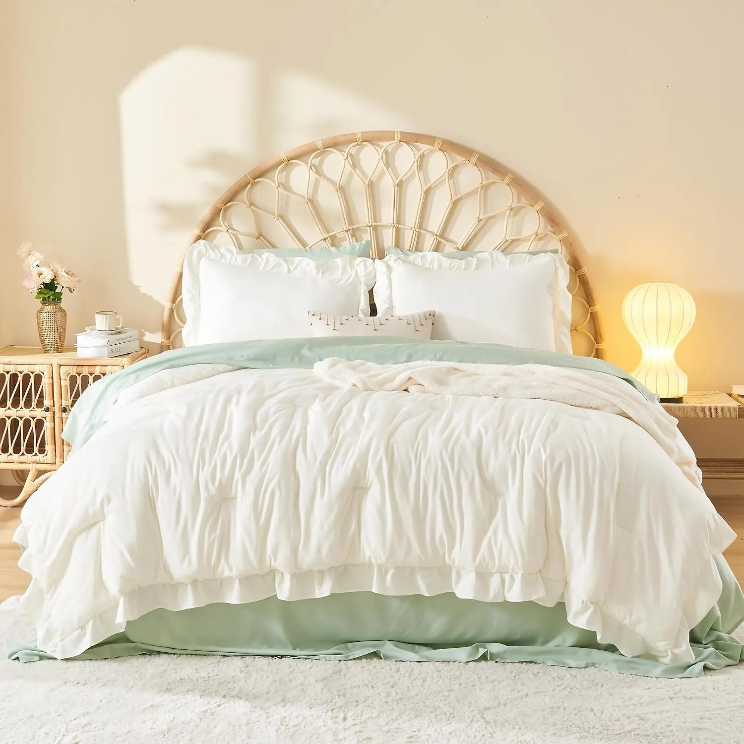 Twin Comforter Set Ivory, 2 Pieces Beige Ruffle Farmhouse Aesthetic Bedding Comforter Set, Lightweight Fluffy Microfiber Bed Set (66x90In Comforter, 1 Pillowcase)