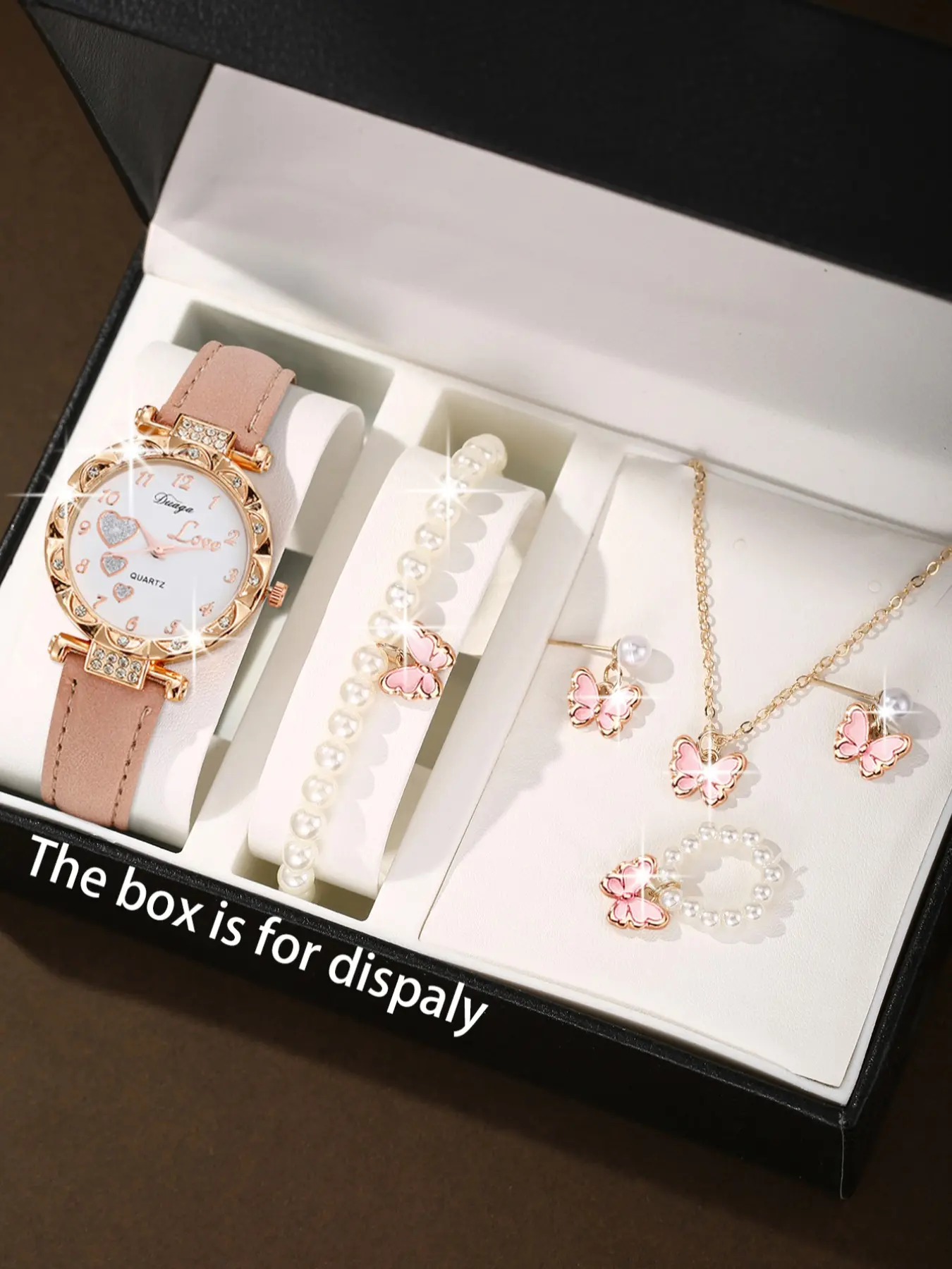 Mother's Day Gift Cute Heart Love Watch Set for Girls, Bracelet Watch Set, Pearl Butterfly Romantic Fashion Accessories, 6-Piece Jewelry Gift Box Included