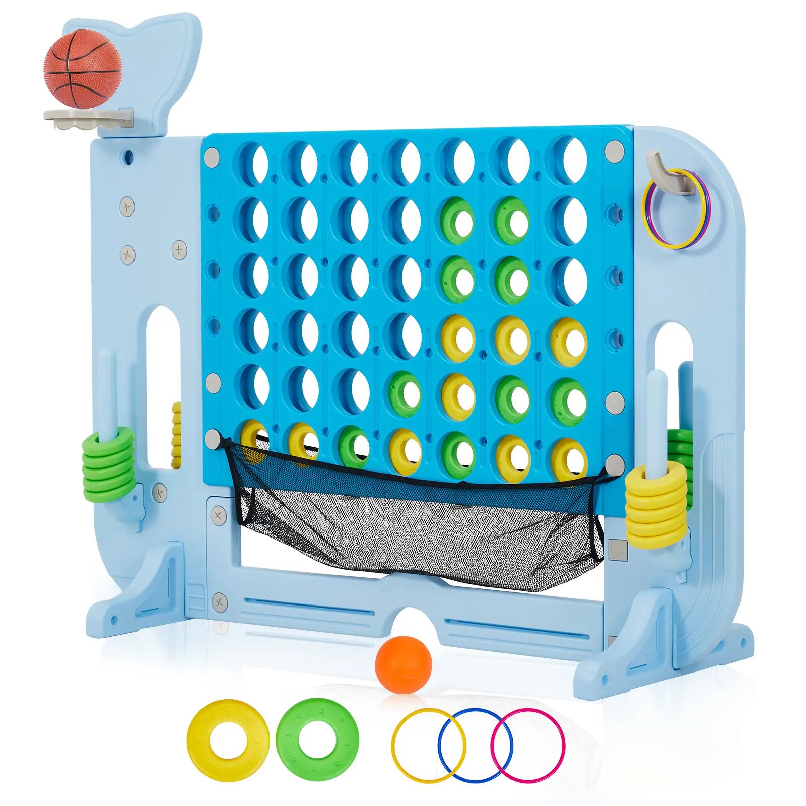 4-in-1 Giant Connect 4 Floor Game Set - Basketball, Golf, Ring Toss, 3 Adjustable Heights, Quick-Reset Play, Tool-Free Assembly, Waterproof UV-Resistant PE ABS, Portable Indoor/Outdoor Family Game, Perfect Gift for Playful & Portable Indoor Recreation, Te