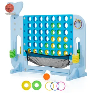 4-in-1 Giant 4-in-a-Row Floor Game Set, with Basketball Golf Ring Toss, 3 Adjustable Heights, Quick Reset & Tool-Free Assembly, Waterproof UV Resistant PE ABS, Portable Indoor Outdoor Family Party Game