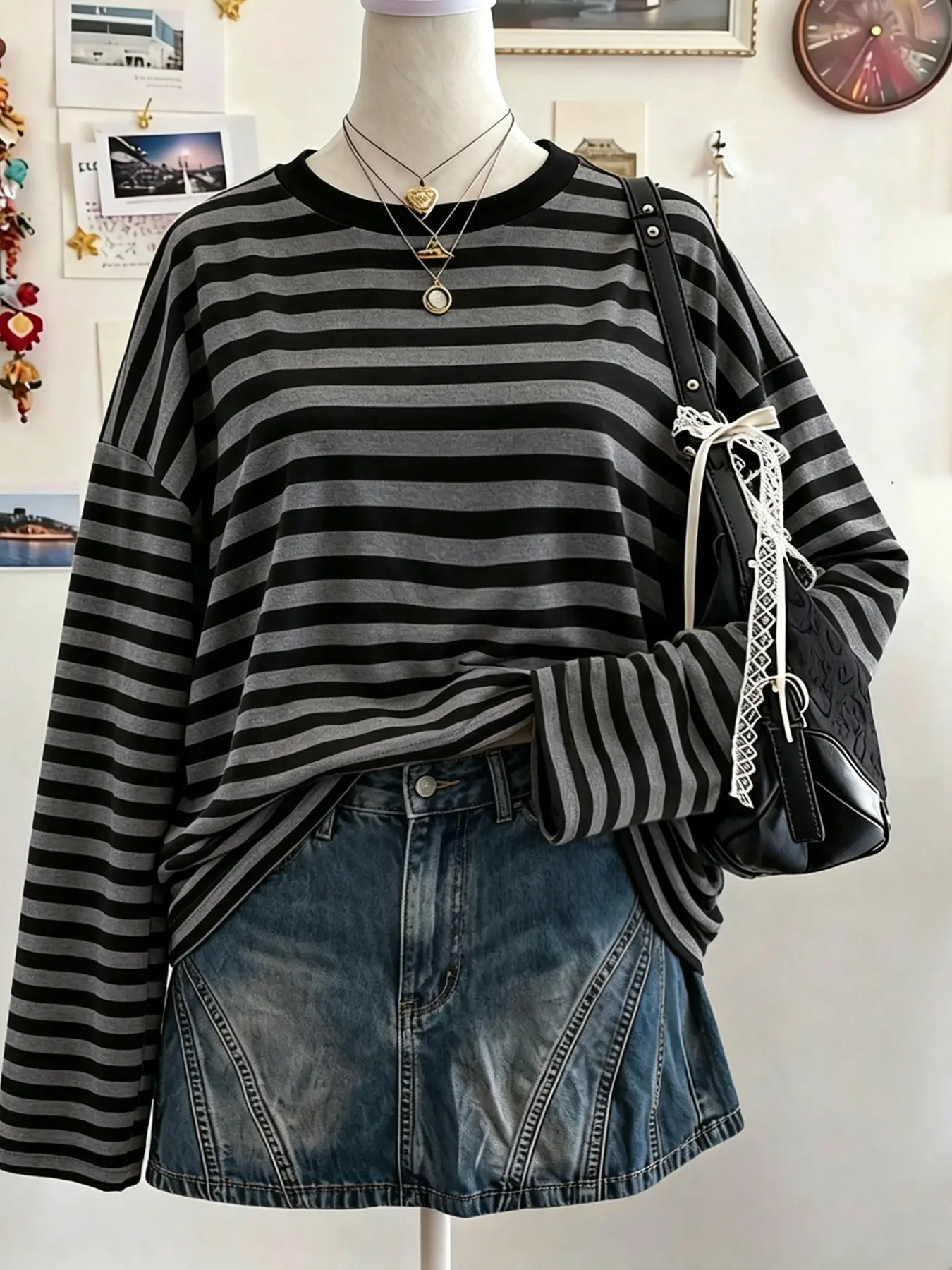 Women's Round Neck Striped Long Sleeve T-Shirt, Loose Fit Drop Shoulder Casual Top, Comfortable Layering Shirt for Streetwear, Breakfast, Travel, Daily Wear