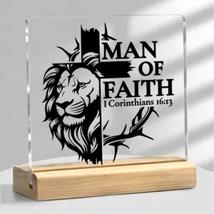 2D Flat, 1pc for Man of Faith Lion Cross Christian Plaque - Lion of Judah Acrylic Desk Decor Suitable for Men, Fathers Day Gifts, Birthday Gifts, Home & Office Tabletop Display, Contemporary Religious Gift for, Husband, Pastor