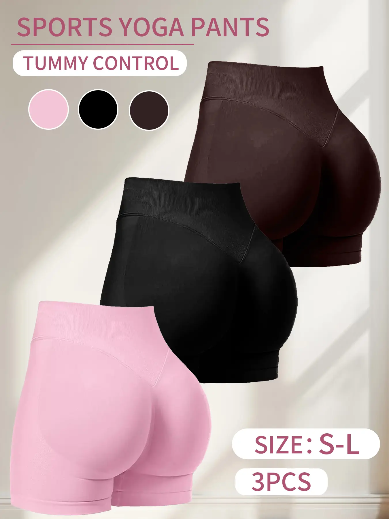 3pcs/Set Women High Waist Lifting Tight Fitting 3/4 Leggings, Yoga/Fitness/Running Shorts, Peach Lifting Activewear Shorts, Slimming Shorts