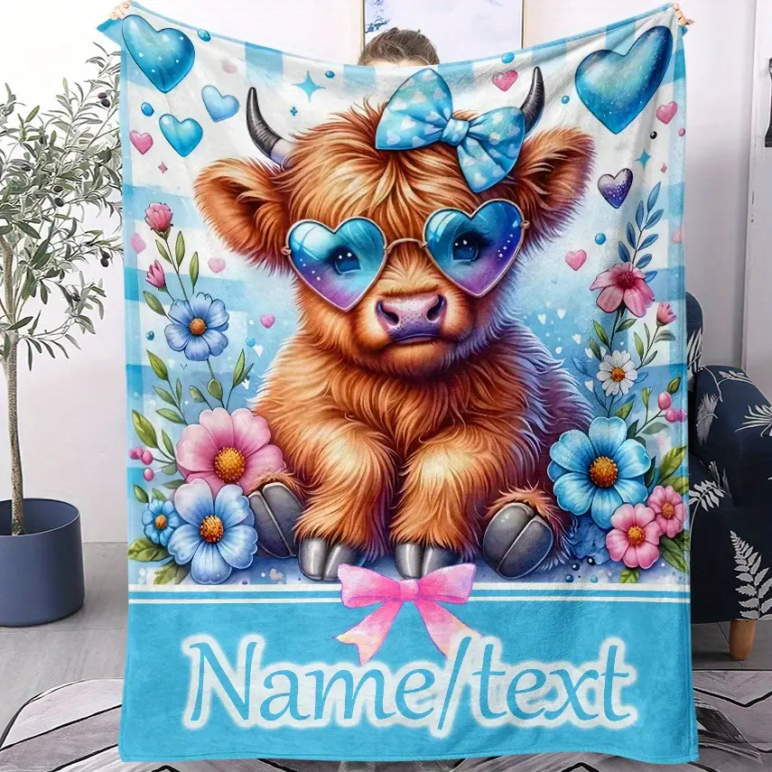 1pc Highland Cow-Themed Polyester Flannel Throw Blanket - Customizable, Personalized Name Text, Soft, Warm, Machine Washable, All Seasons - Home Room House Decor, Couch Bed Use, Christmas Gift, Room Decor