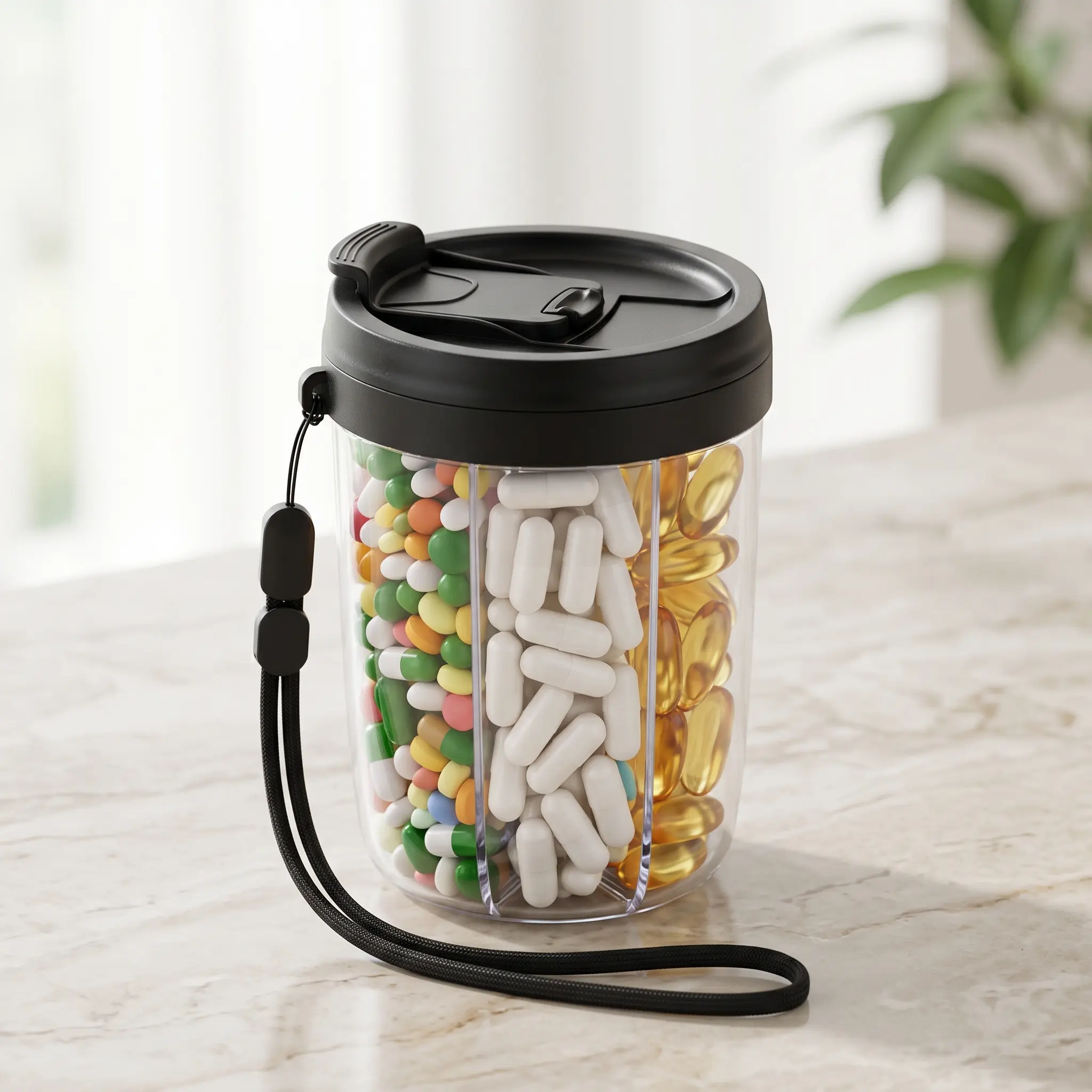 Large-capacity pill bottle storage box, capable of holding 6 types of vitamin supplements. A travel-friendly pill organizer to prevent mix-ups. The wide-mouth design makes it easy to take out the pills.