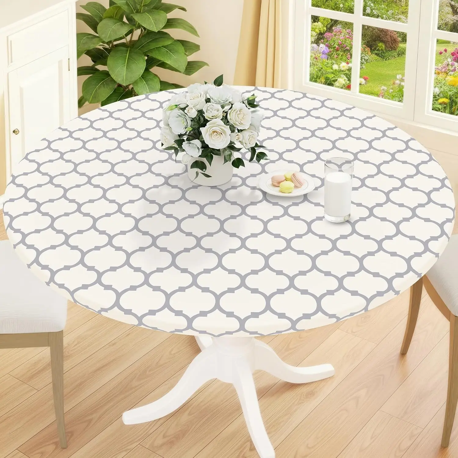 Round Picnic Tablecloth, Waterproof Elastic Fitted Table Covers for 36" - 44" Tables, Wipeable Flannel Backed Vinyl Tablecloths for Camping, Indoor, Outdoor, Beige & Grey