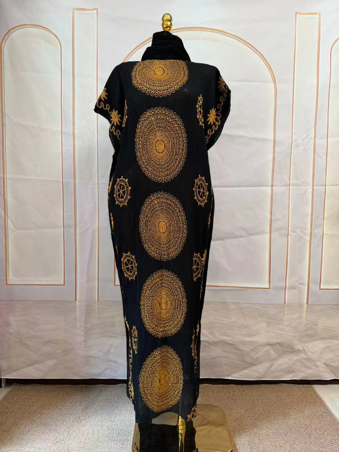 Black Gold Mandala Embroidery Crinkle Kaftan Maxi Dress Women Oversized Loose Pleated Caftan Ethnic Party Vacation Long Dress