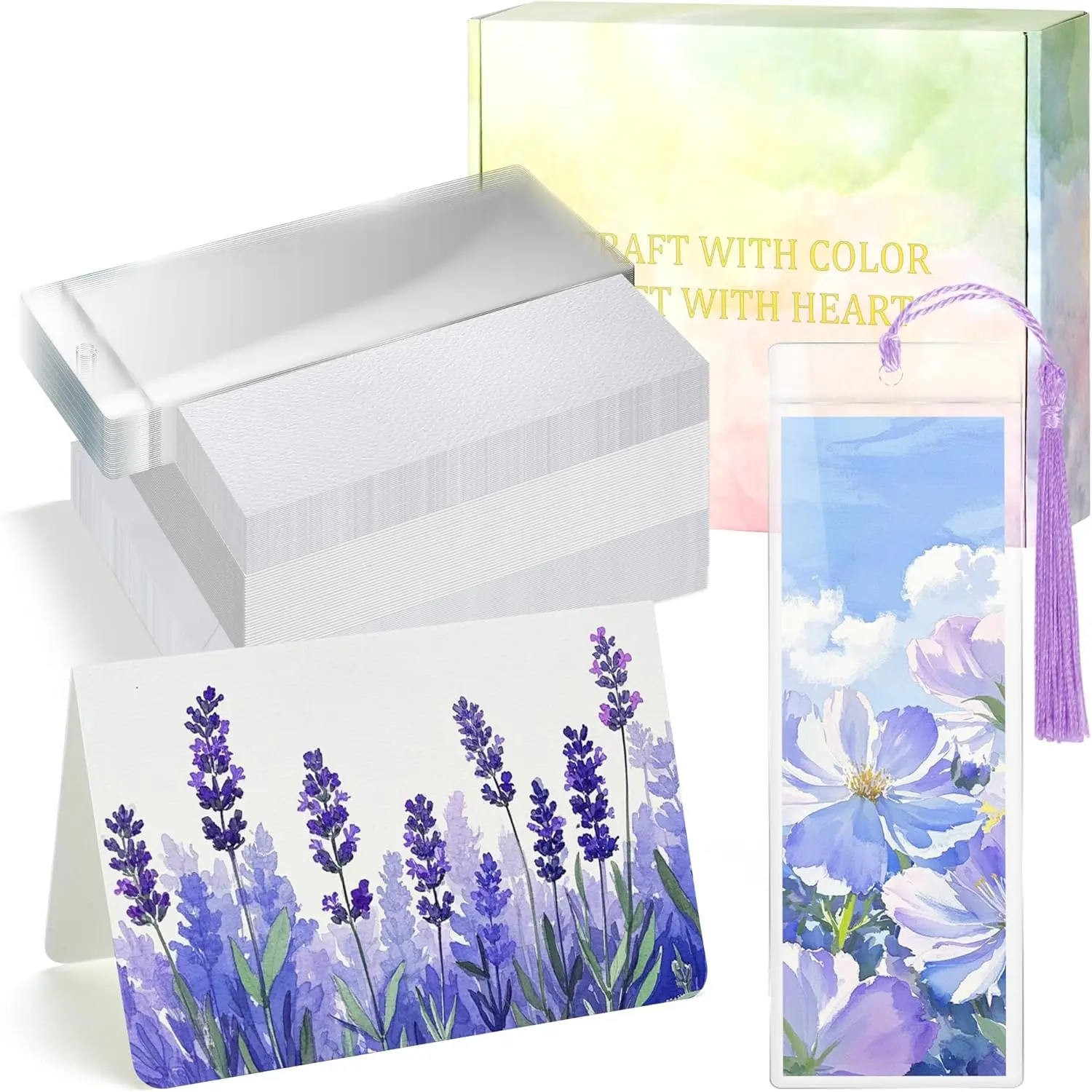 152 count Blank Watercolor Cards & Bookmarks Kit, 140lb/300gsm  Paper, 30 Sets 4"x6" Cards with Envelopes, 30 Bookmark Sets with Sleeves, Tassels & Stickers for DIY Greeting Card & Craft Projects
