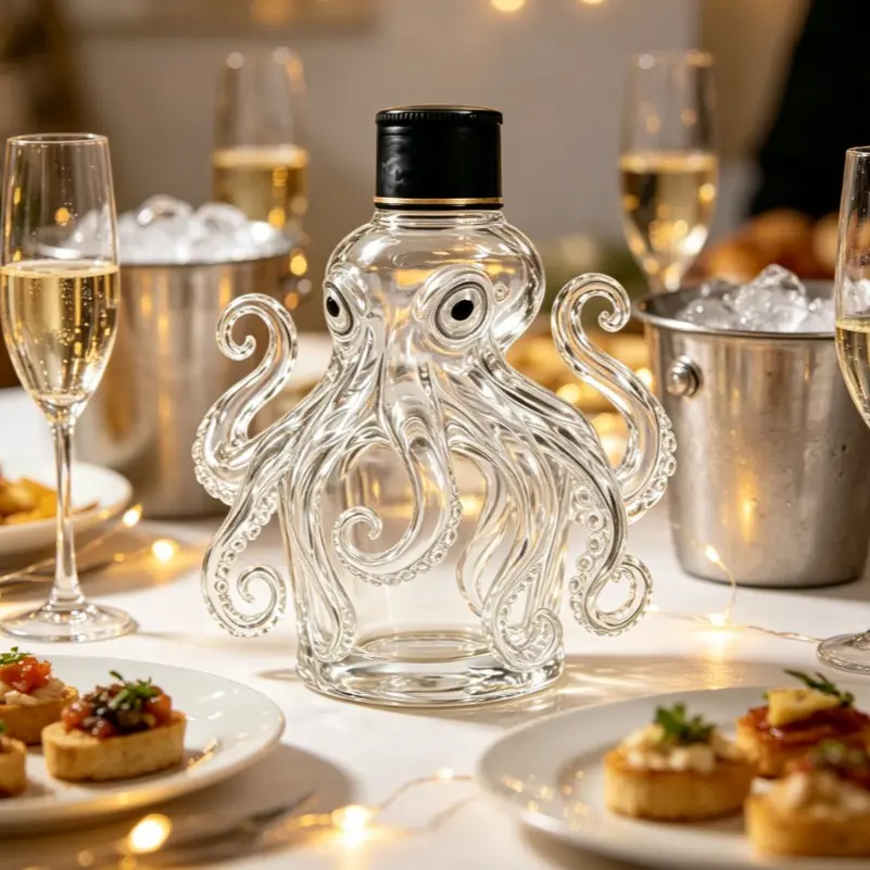 Octopus Shaped Glass Decanter, Empty Clear Octopus Liquor Bottle, Unique Sea Creature Glass Wine Bottle, Bar Home Decor Gift for Whiskey Lovers