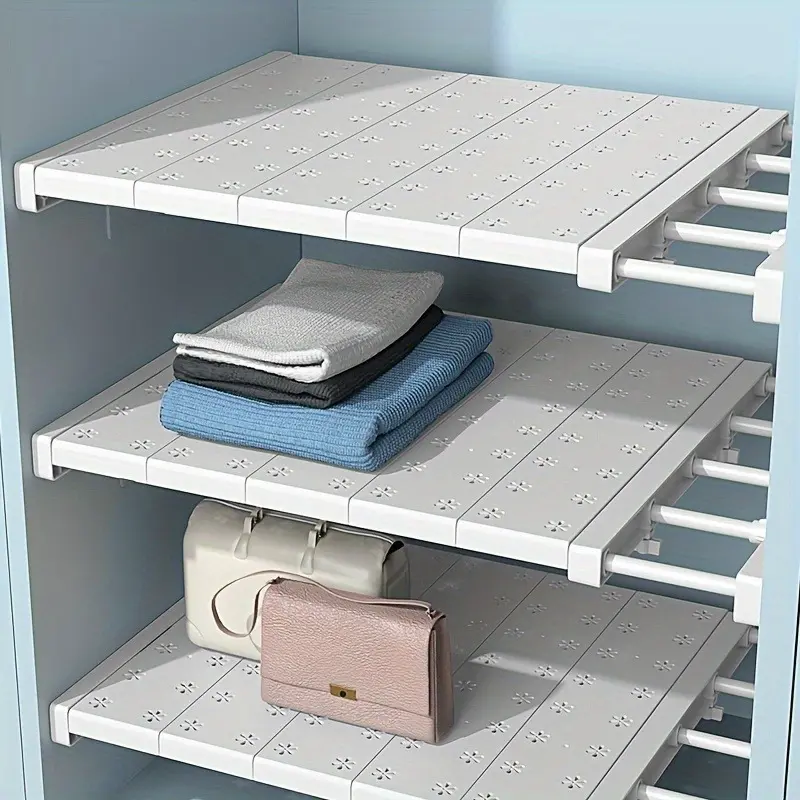 Adjustable storage dividers-no drilling required-space-saving extendable closet, kitchen and bathroom storage racks-compact laminate dividers retractable space-saving stackable storage racks