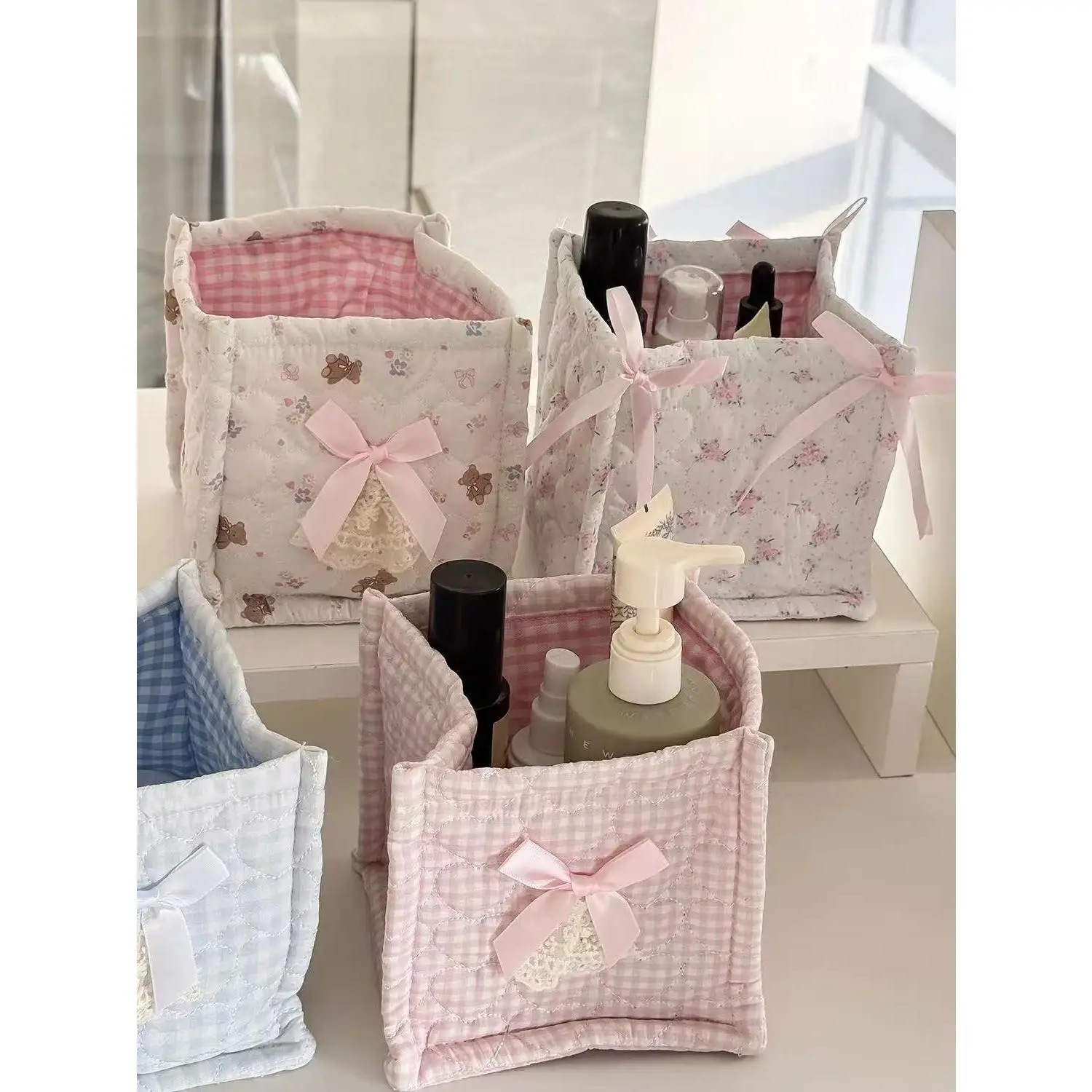 Cute Quilted Storage Basket with Lace Flower Detail, Square Fabric Desktop Organizer Bin, Korean-Inspired Home Decor Basket for Bedroom, Vanity, Bathroom, Office & Everyday Storage