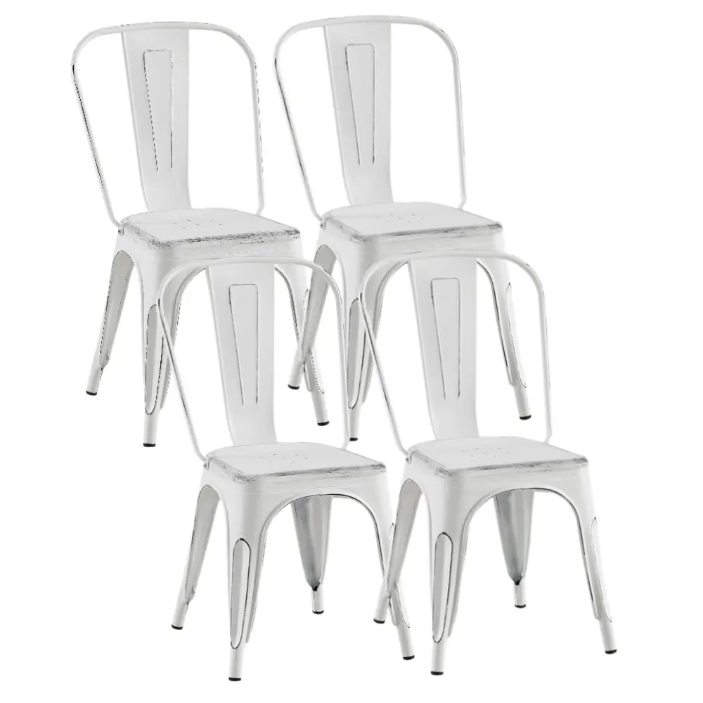 Vintage Metal Dining Chairs Set of 4, Cloud White,Stackable steel chairs with 330 lb capacity for farmhouse dining rooms, cafes, restaurants and covered patios.