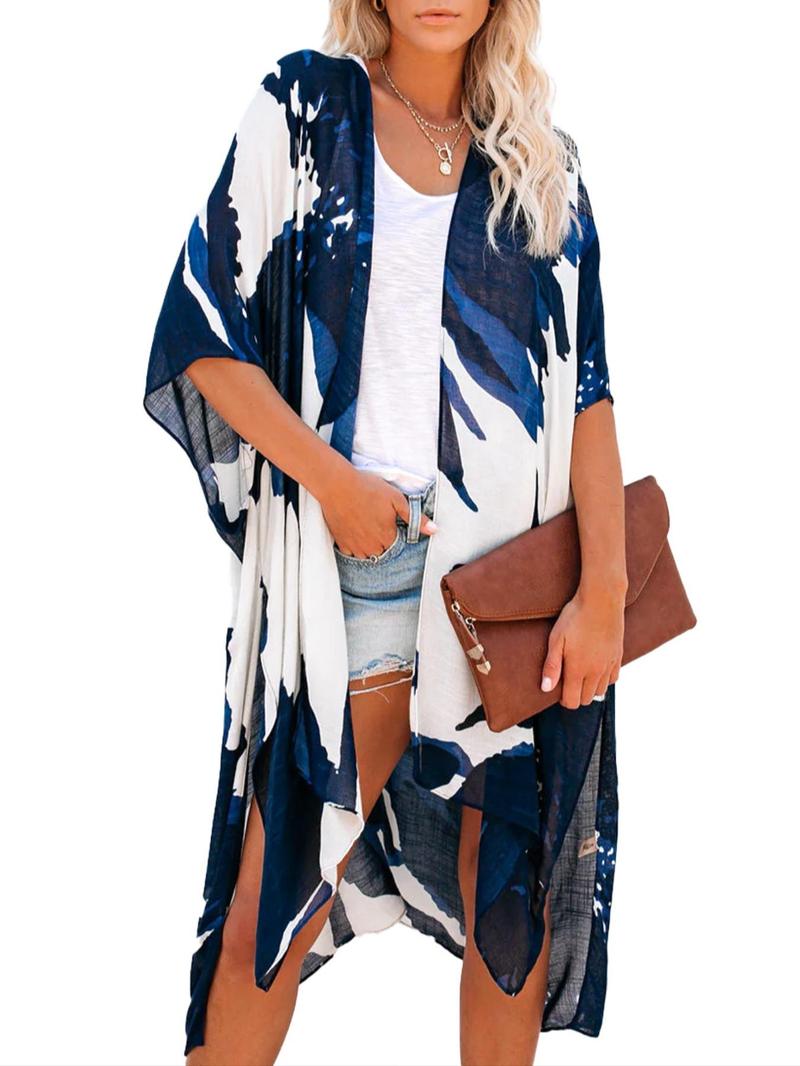 Women's All Over Print Batwing Sleeve Cover Up, Casual Half Sleeve Asymmetrical Hem Cover Up for Summer Beach Vacation, Fashion Women's Swimwear Coverups