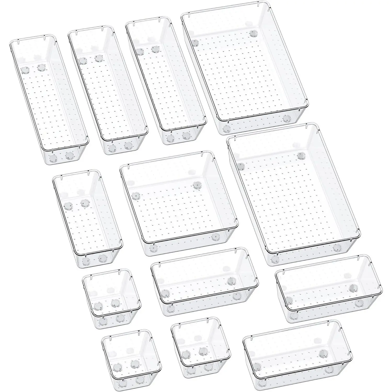 13-Piece Drawer Organizers with Non-Slip Silicone Pads, 5-Size Desk Bathroom Drawer Organizer Trays Storage Tray for Makeup, Jewelries, Utensils in Bedroom Dresser, Office and Kitchen, Clear