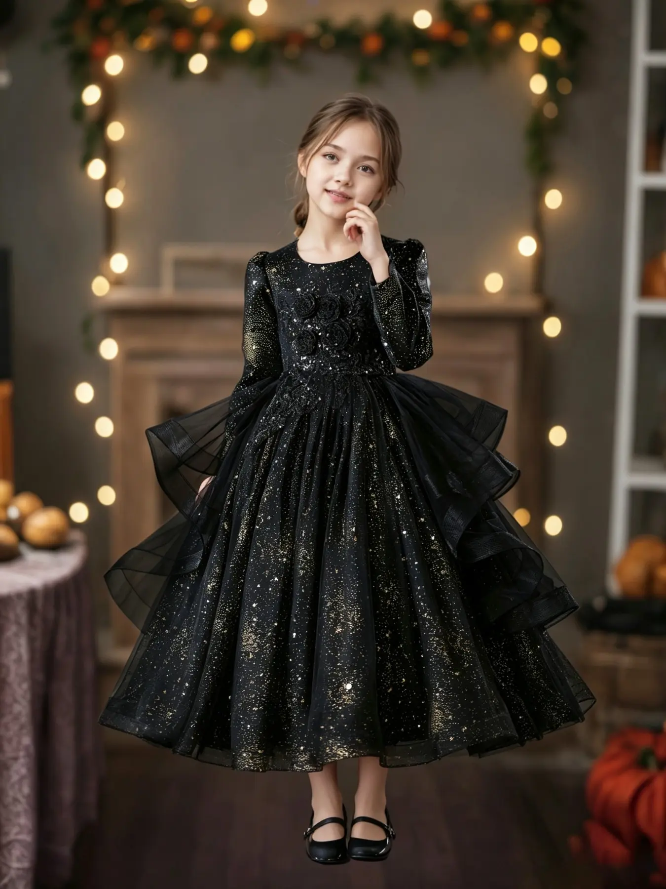 Girls' Christmas Party Dress, Halloween Costume, Long Sleeve Evening Gown, Fall Winter Fashion, Dark Style, Kids Formal Wear, Polyester Dresses
