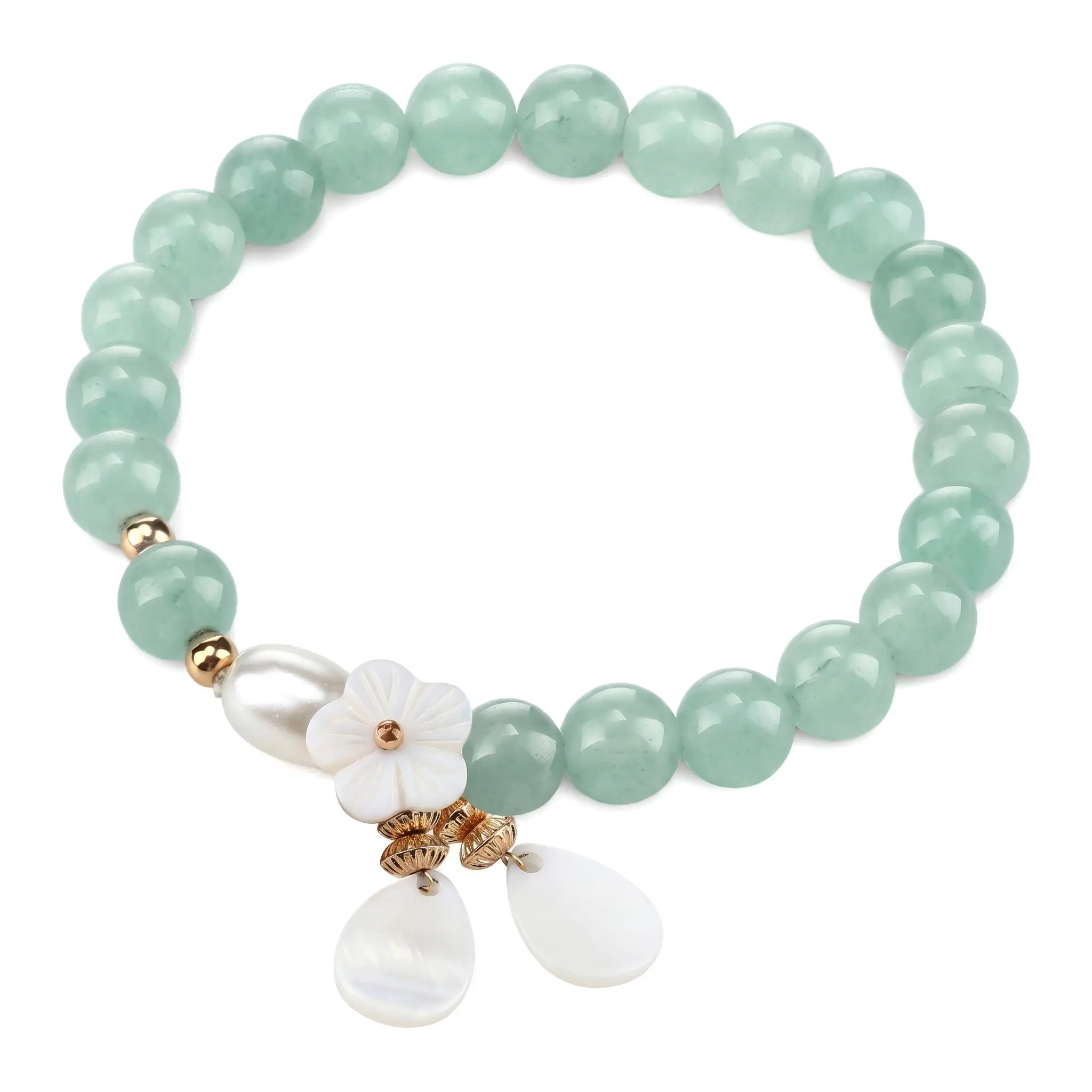 Green Aventurine Single Corded Bracelet - Women’s Elastic Cord with Irregular Pearl, Teardrop Charm, Floral Motif, Minimalist Natural Design - Year-Round Travel Gift, Everyday Essential Costume Jewelry, Wipe Soft Cloth, Unisex