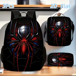 3-piece unisex backpack set, cool red spider print, adjustable shoulder straps, zipper closure, set includes backpack, crossbody bag, and pencil case, suitable for school, travel, and camping