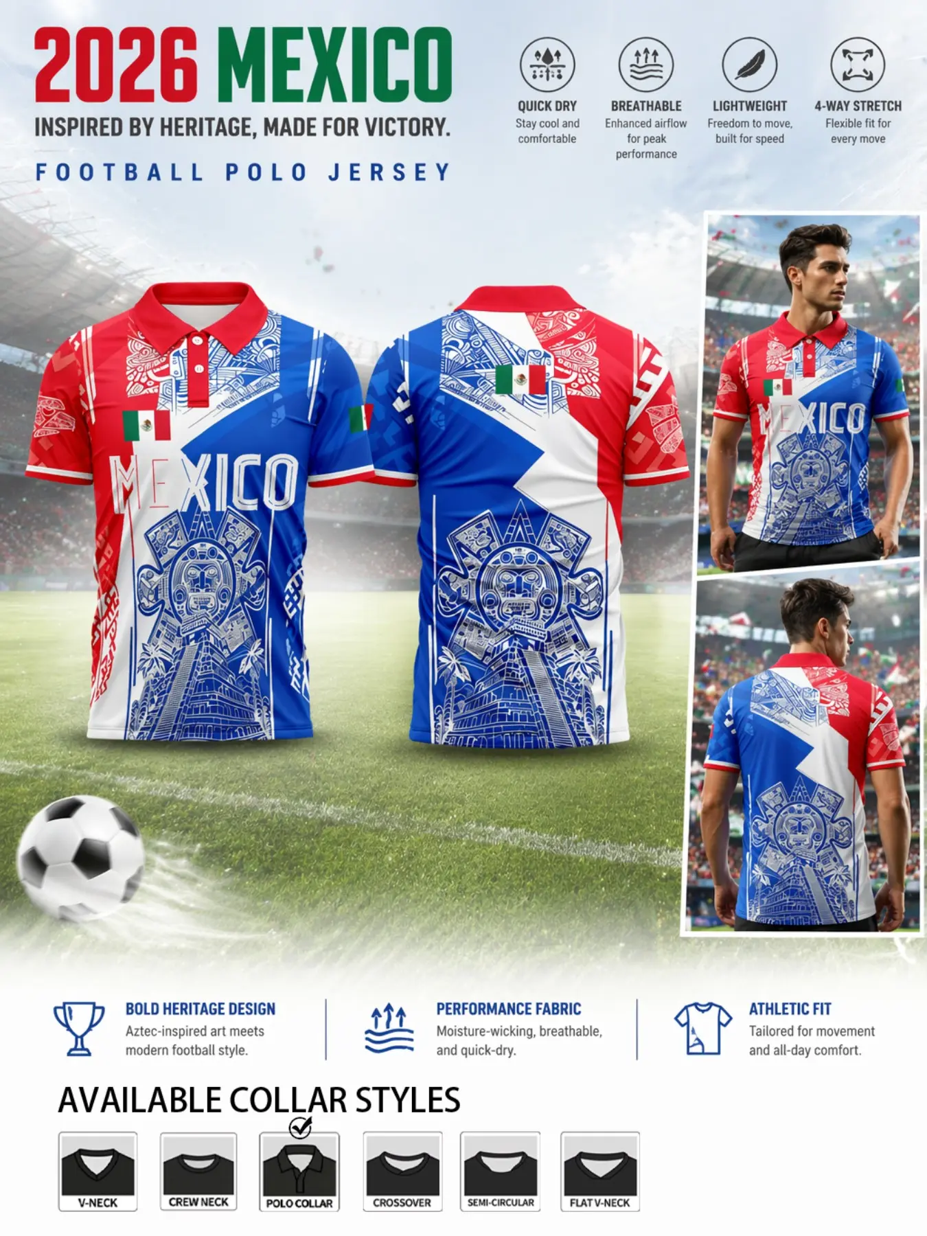 2026 Mexico Aztec Sun Pyramid Soccer Jersey, Quick-Dry Breathable Lightweight Sportswear, All Seasons Fitted Short Sleeve Print Top