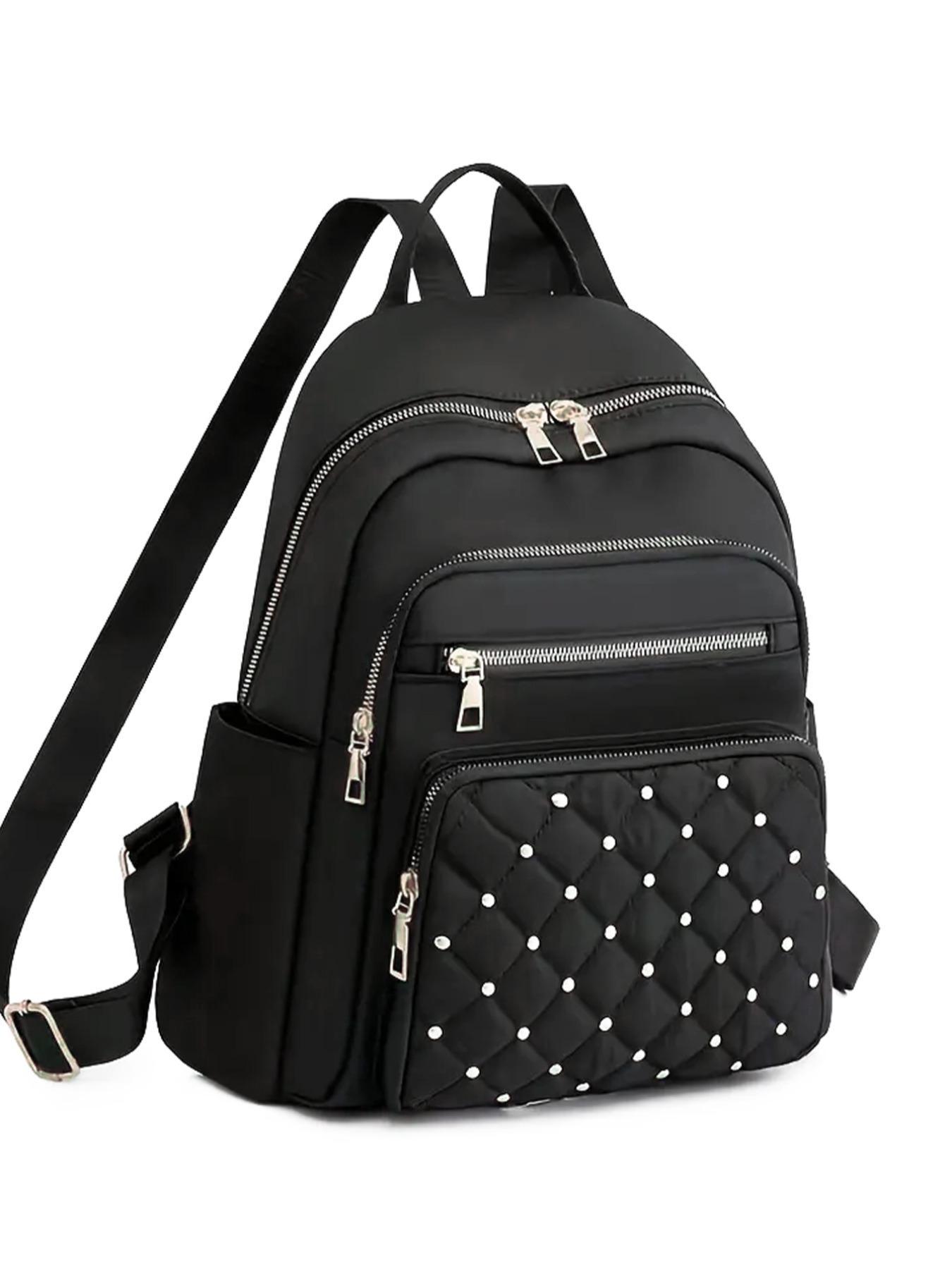 Rhombus Quilted Faux Pearl Decorated Backpack, Casual Zipper Backpack for Women, All-match Commuter Bag for Daily Used, Perfect for College Students