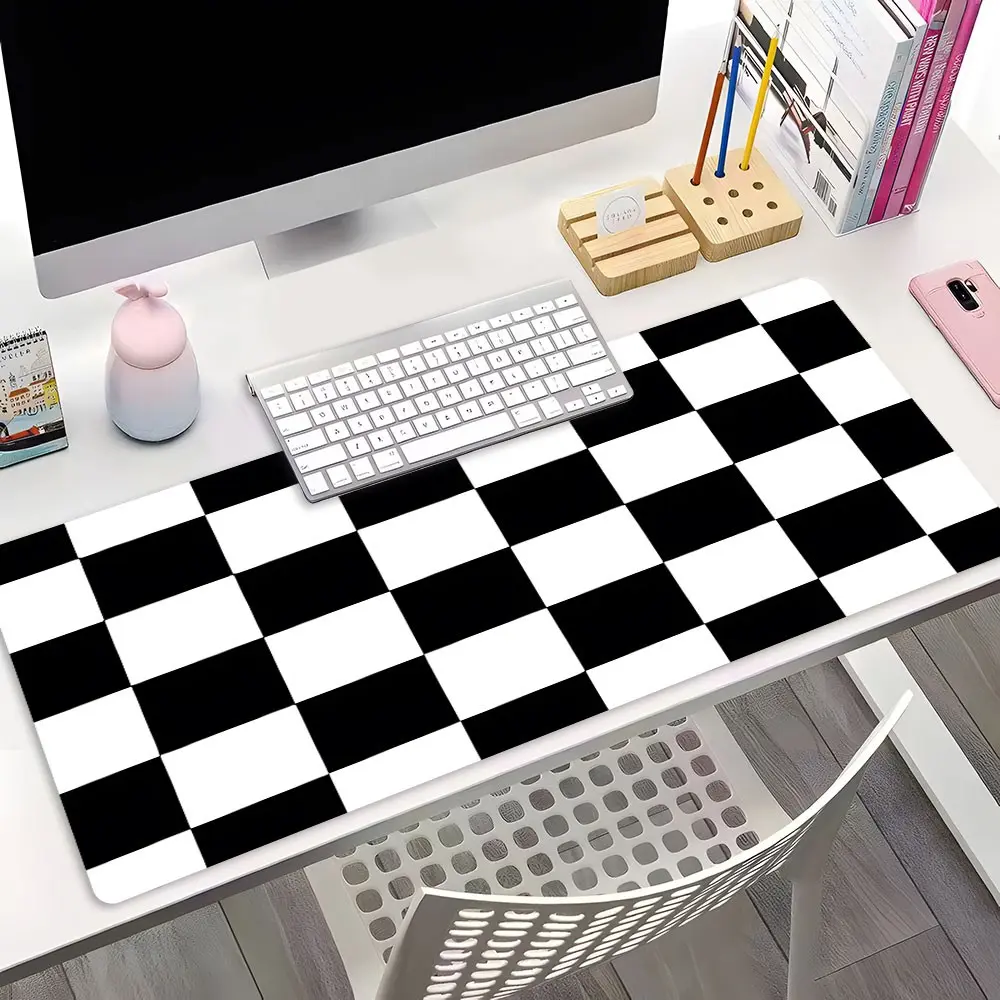 Black White Checkerboard Large Gaming Mouse Pad, Computer Desk Mat, Computer Accessories For Desk, Minimalist Retro Grid Style Decor Design Stitched Non-Slip Rubber Base Smooth Top Desk Surface Protection For Gaming, Office Desks