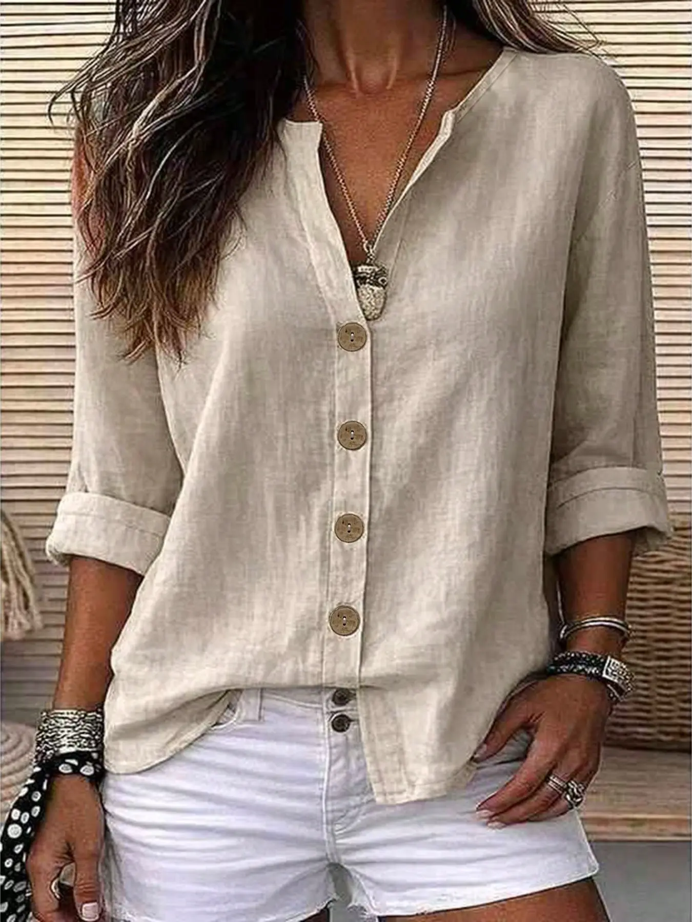 Women's V Neck Button Front Roll Up 3/4 Sleeve Blouse, Khaki Loose Casual Shirt, Stylish Top for Daily Wear, Vacation, Beach, Office Casual, Brunch, Travel, Street Style, Spring Summer Trendy Outfit for Ladies