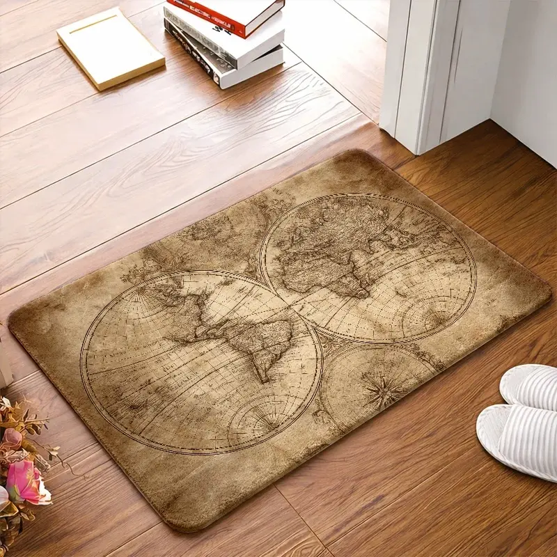 Flannel Floor Mat, Vintage World Map Flannel Floor Mat, non-slip rubber base, durable and dirt-resistant, machine washable, universal doormat for entrance, foot mat for bedroom, living room, kitchen, bathroom, balcony, corridor, office, indoor and outdoor