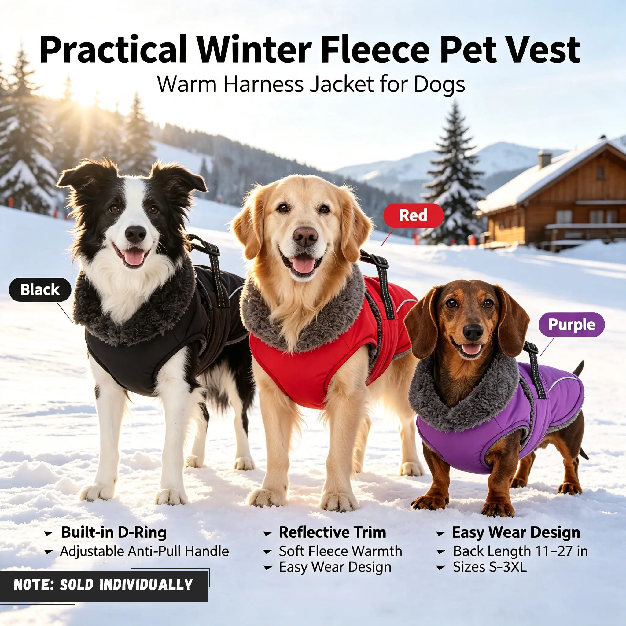 Dog Winter Fleece Vest, Thick Sherpa Lined Dog Coat with Oversized Plush Collar, Anti-Pull Control Handle & Reflective Trim, Integrated Harness Quick Release Sleeveless Dog Jacket, Cold Weather Dog Clothes for Small Medium Large Dogs, 3 Colors, S-3XL