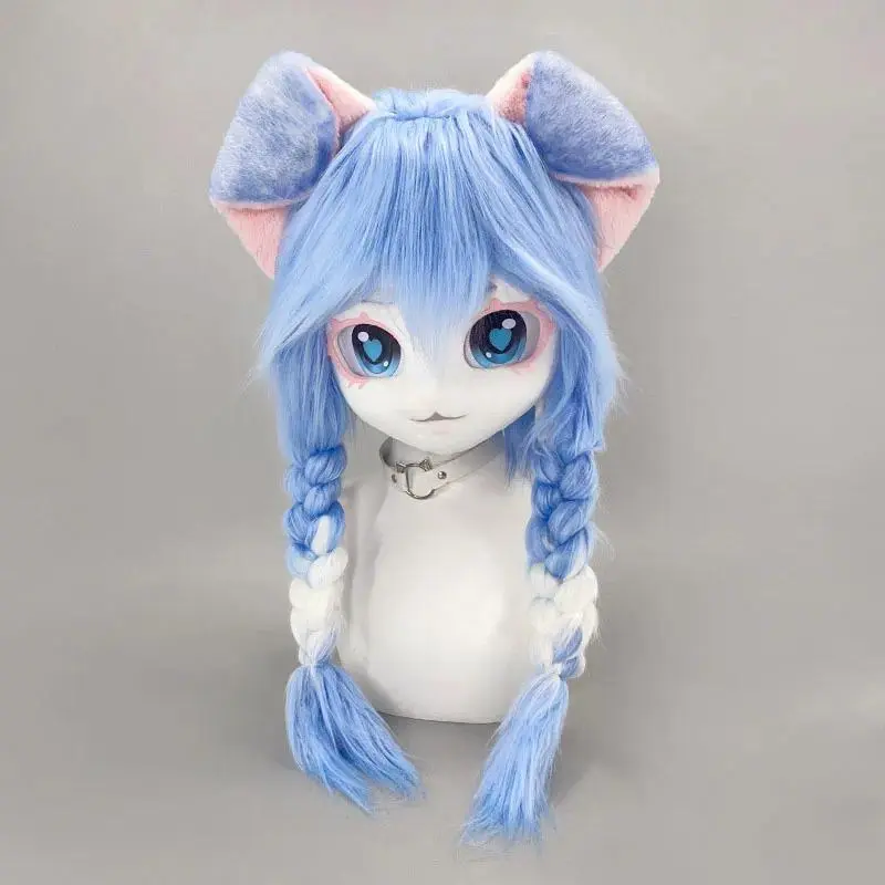 New Pink Blue Fluffy Kigurumi Fursuits Animal Head Costume Cute Cat Dog Head Halloween Costume Head Performance Props Tail Paws