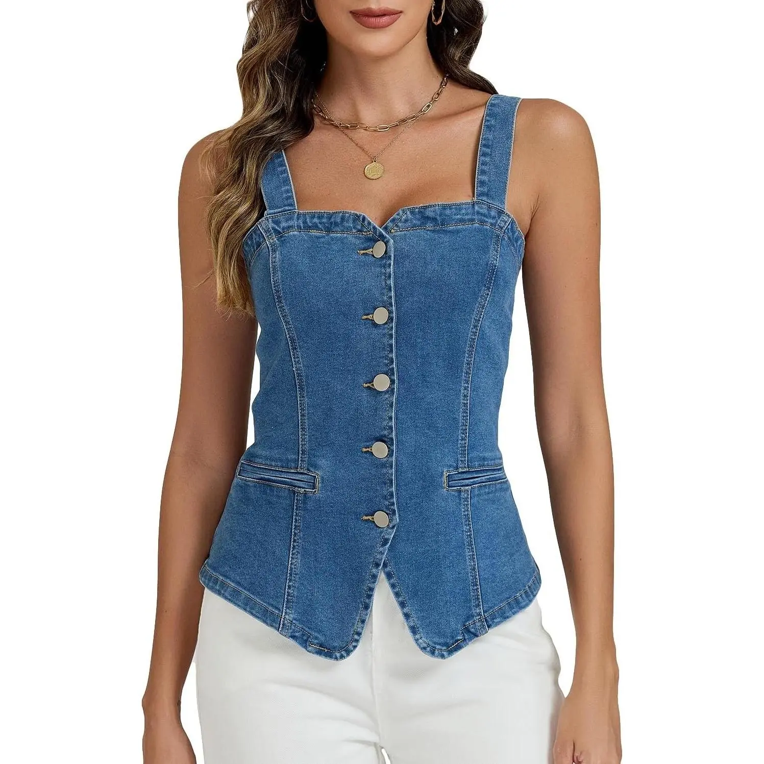 Denim Vest Tops for Women Stretchy Denim Corset Tank Top Jean Vest Square neck, Sleeveless, Adjustable straps, Y2K, Fitted, Jean corset top, Tube top, Country concert outfits, Western trendy