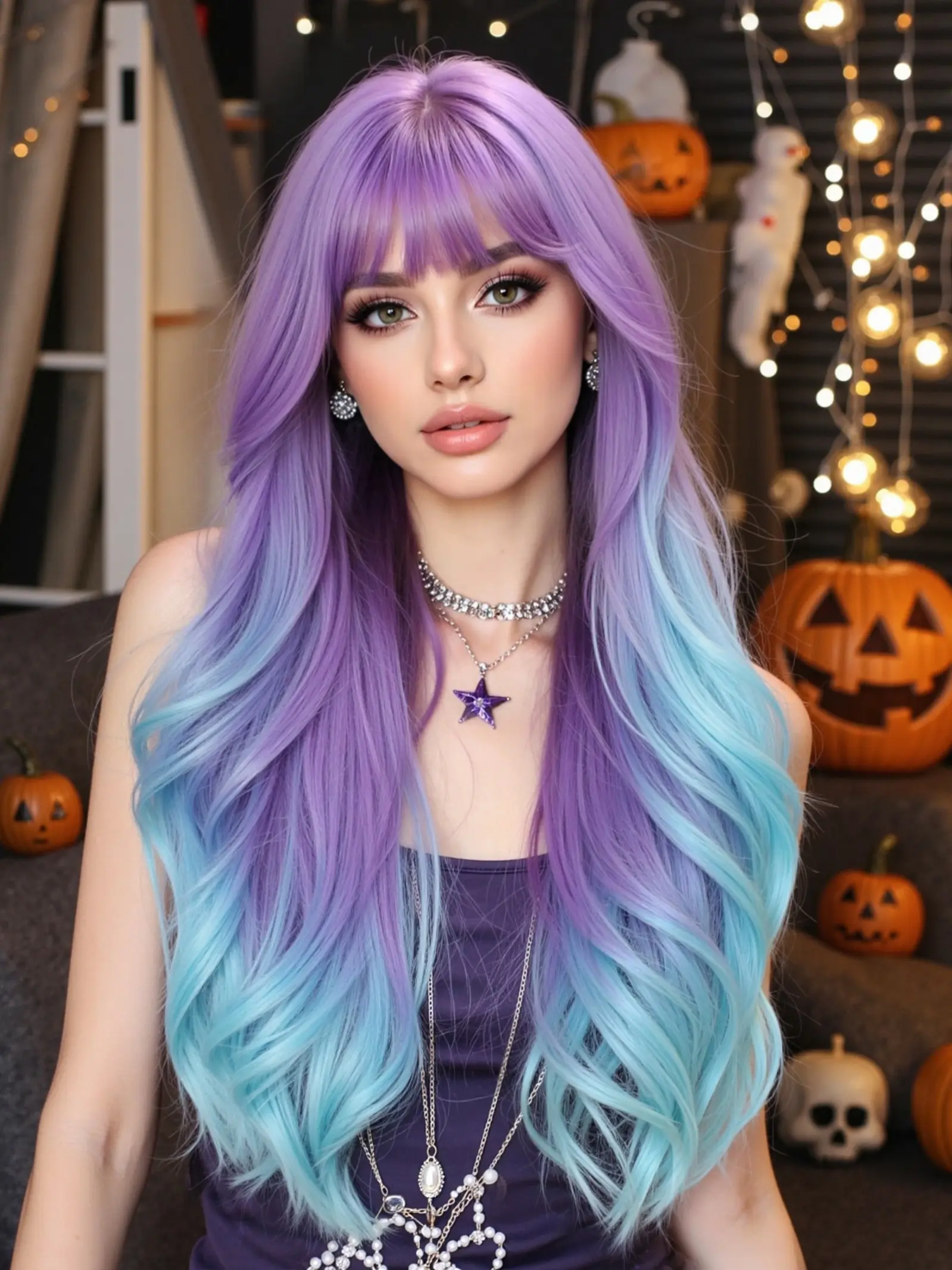 Colorful Dreamy Blue Gradient Long Curly Synthetic Wig, Women's Daily Wear, Festival Party, Halloween Cosplay, Christmas Wig