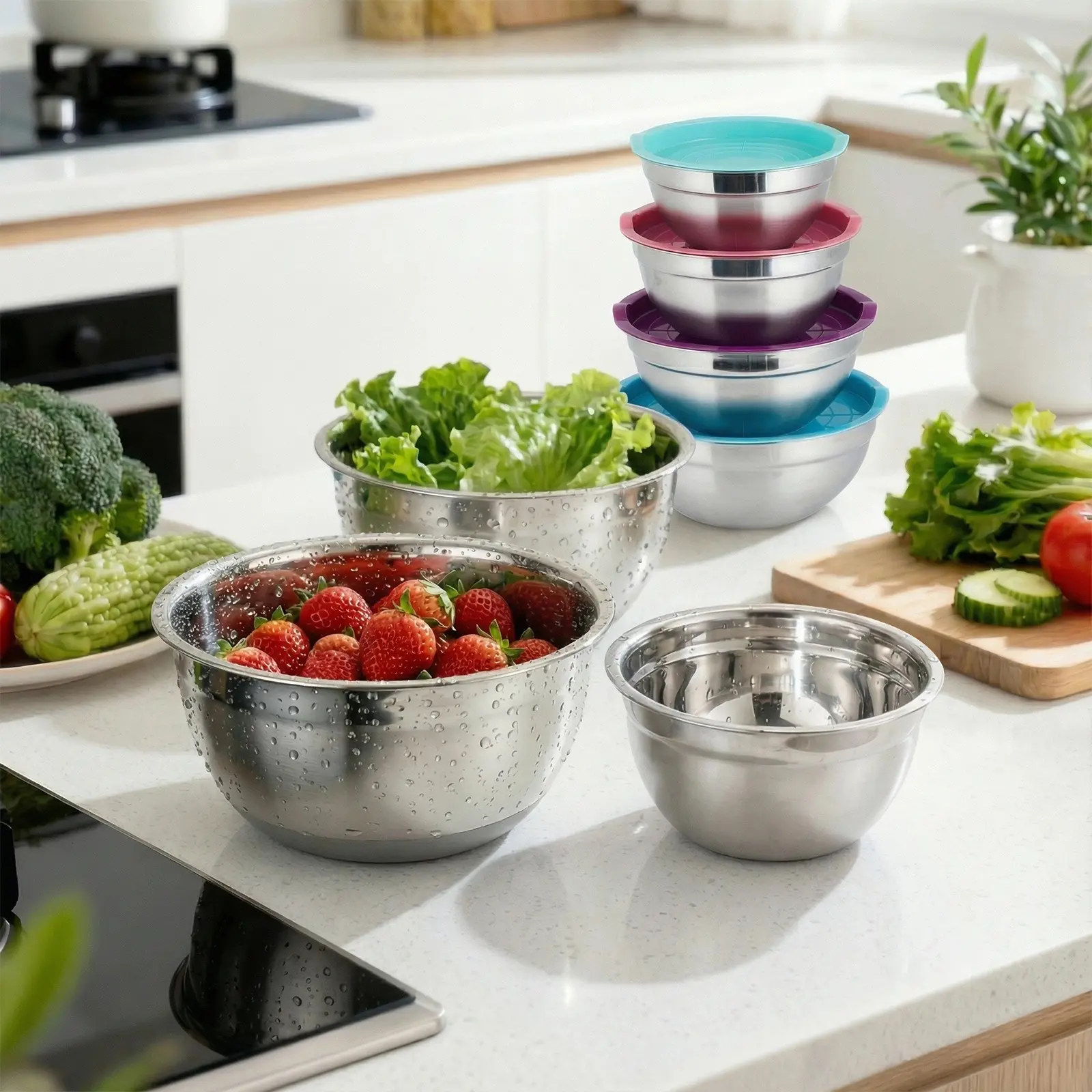 Space-Saving Nesting Design Mixing Bowls Set – 7-Piece Stainless Steel with Airtight Lids – 0.7–7 Qt – Reusable Prep & Baking Bowls – Dishwasher Safe – Ideal for Kitchen, Baking, Camping