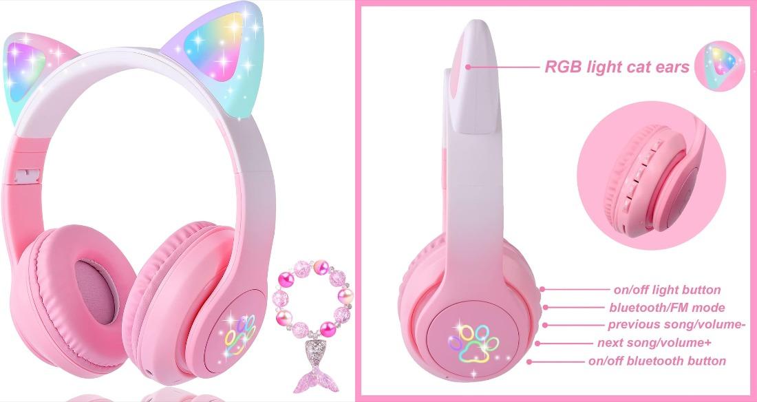 MELLOW MORNINGS P-HPS013   Cat Ear Kids Headphones Bluetooth, LED Light up Wireless/Wired Mode Over Ear Headphones with Build in Microphone for School/Travel (Purple)