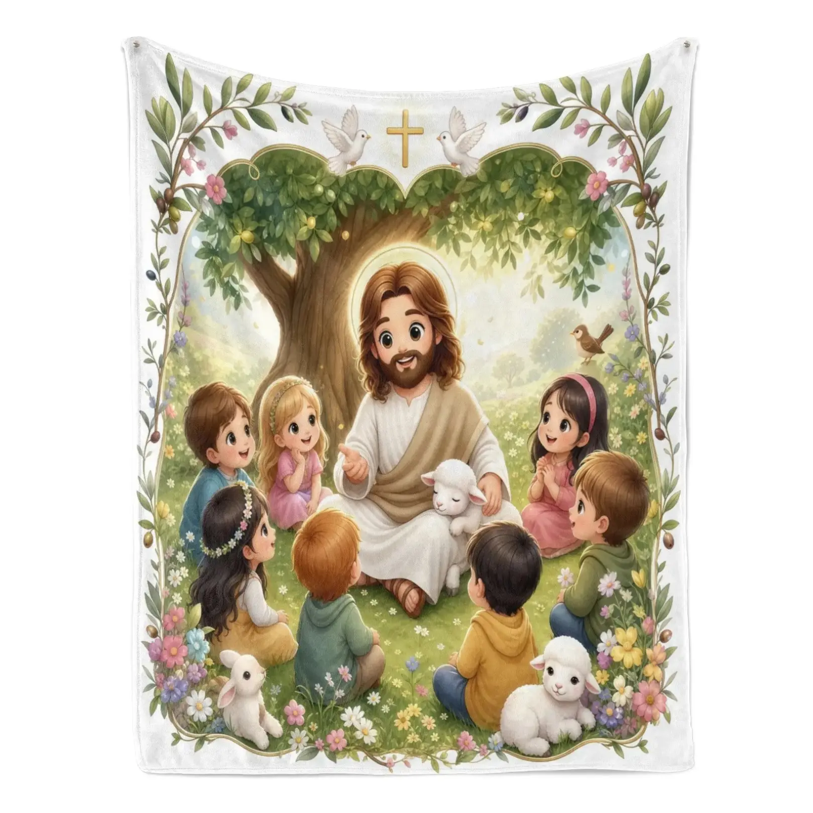 Religious Cute Cartoon Jesus Christ Lamb Olive Wreath Christian Flannel Blanket - Lightweight, Soft, Modern Multi-Size Throw for Kids, Parents, All Seasons, Machine Washable, Ideal for Travel/Bed, Perfect Holiday Gift for Easter Christmas, Adults, 40Inch*